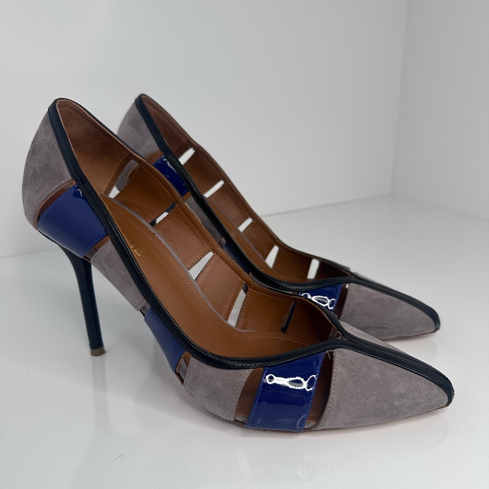 Malone Souliers Blue and Gray Heels with Patent Leather Accents